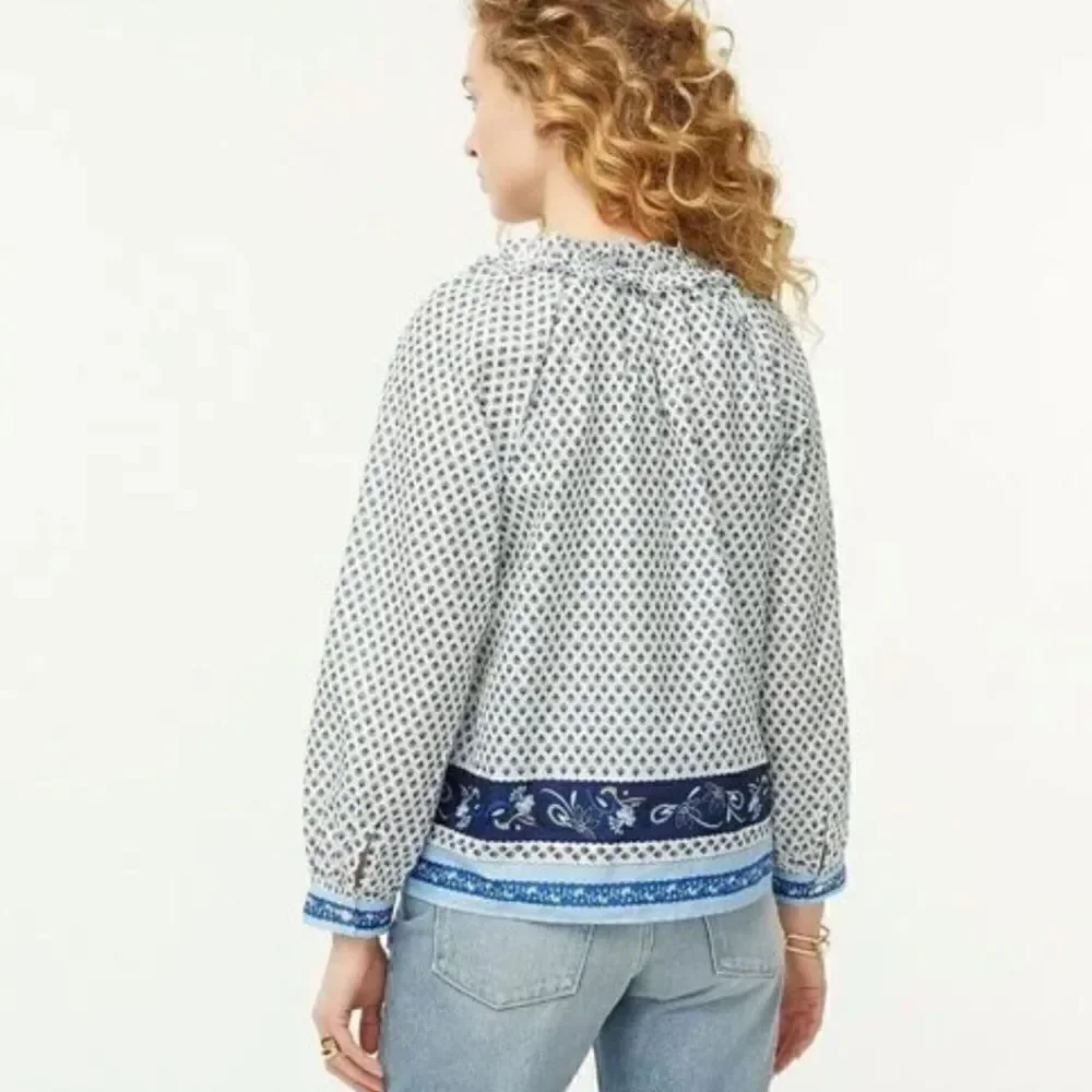 J.CREW white with blue ribbon block print tie-front ruffle top S